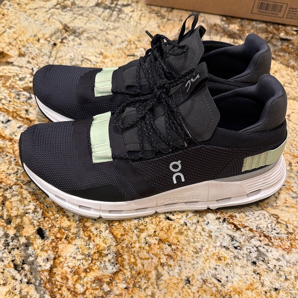On Running Men's Black and White Sneakers with Green Accents